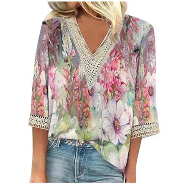 Imagem de Camiseta feminina de manga 3/4, moda de verão, gola V 2024, estampa floral, blusa elegante, túnica casual, #23 Rosa, 5G