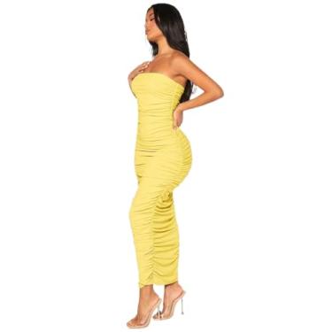 Imagem de Camisa Feminina Solid Ruched Tube Bodycon Dress (Color : Yellow, Size : M)
