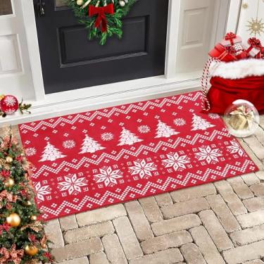 Imagem de RUGSREAL 2x3 Capacho de entrada de Natal pequeno tapete interno para porta da frente tapete decorativo de Natal lavável à máquina tapete de chão antiderrapante para quarto sala de estar berçário, vermelho 60 cm x 8 cm