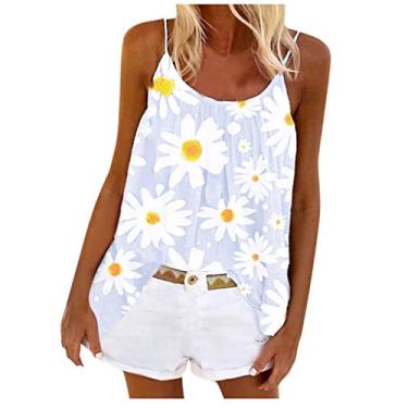 Imagem de Regatas femininas de verão, folgadas, sem mangas, gola redonda, alças finas, camiseta com estampa floral, Branco, 4G