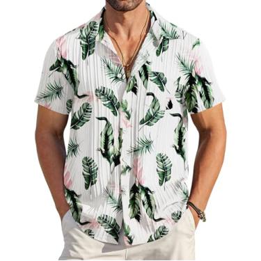 Imagem de COOFANDY Camisa masculina casual de botão manga curta texturizada linho verão praia camisa com bolso, Folhas rosa branco-verde, 3G