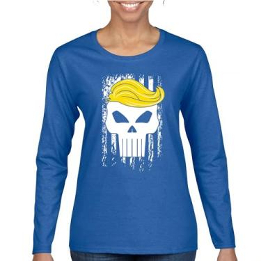 Imagem de Camiseta feminina de manga comprida com bandeira de Trump 2024 Make America First Great Again Deplorable Skull My President MAGA Republican FJB, Azul, 3G