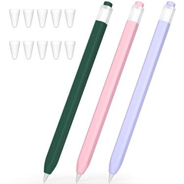 Imagem de JOOSKO Pacote com 3 capas compatíveis com Apple Pencil 1ª geração, capa de silicone antiderrapante, [com 10 capas de ponta de silicone] para Apple Pencil 1ª geração (verde escuro, rosa, roxo)