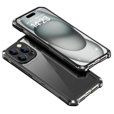 Imagem de YEXIONGYAN Capa para iPhone 15Pro Max/15 Pro/15, proteção de lente de precisão, capa fina de liga de alumínio + capa traseira de vidro temperado transparente, carregamento sem fio, preta, 15 Pro Max