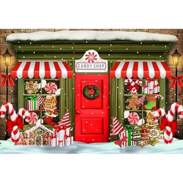 Imagem de Caheansi 2,4 x 1,8 m, fundo de Natal, vermelho e verde, loja de doces de Natal, presentes de casa de gengibre, para fotografia, Natal, Ano Novo, decorações de festa, banner, retratos de crianças