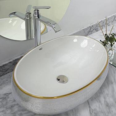 Imagem de Kit Cuba Pia Louça Cerâmica Banheiro C/Torn e Vál Cromada100 - Smart N