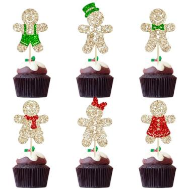 Imagem de Gyufise 24 peças de topos de cupcake de homem de gengibre de Natal com glitter para homem de gengibre revelação de gênero, palitos de cupcake para feliz Natal, chá de bebê, festa de aniversário, decoração de bolo, suprimentos