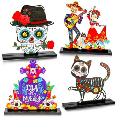 Imagem de HOWAF 4PCS Day of The Dead Centerpiece, Dia De Los Muertos Wooden Table Topper with Sugar Skull Dancing Ghost Skeleton Couple Skeleton Cat Sacrificial Altar for Day of The Dead Table Decorations