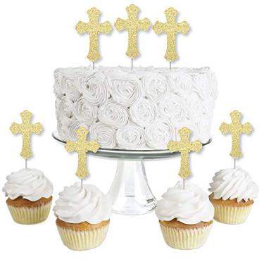 Imagem de Big Dot of Happiness Gold Glitter Cross - Toppers de cupcake de sobremesa com glitter dourado real sem bagunça - Palhetas transparentes para batismo ou chá de bebê - Conjunto de 24