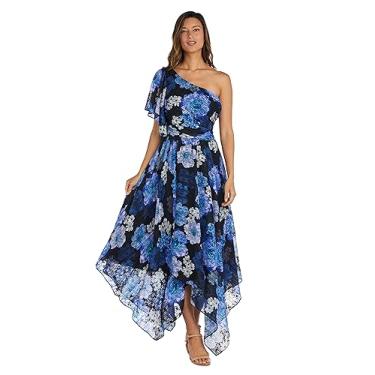 Imagem de Nightway Vestido feminino Hi-Low com estampa floral de um ombro só, manga esvoaçante e corpete drapeado, Preto/Royal, 48