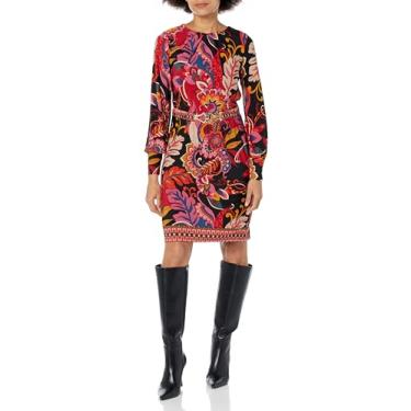 Imagem de London Times Vestido feminino de jérsei de manga comprida com cinto estampado, Preto/vermelho, 46