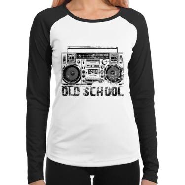 Imagem de Baby Look Raglan Old School Boombox Manga Longa - Foca na Moda, Branco