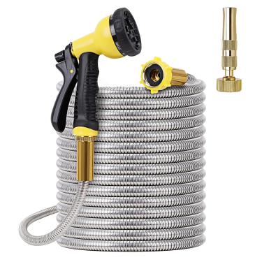 Imagem de FOXEASE Mangueira de jardim de metal de 30 metros – Mangueira de água resistente de aço inoxidável com bocal de latão sólido, pulverizador de 8 funções, mangueira de quintal portátil e leve, mangueira para uso ao ar livre
