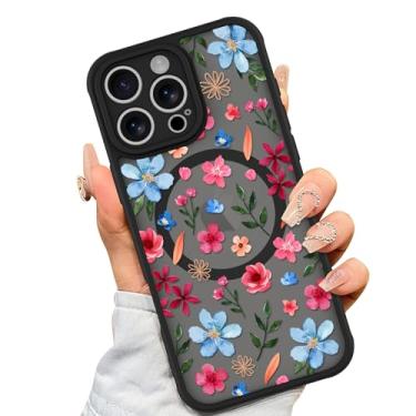 Imagem de AIGOMARA Capa Magnética para iPhone 16 Pro Max [Compatível com MagSafe] Linda Flor Rosa Azul Padrão Floral TPU Macio Amortecedor Rígido PC Traseira Antiqueda À Prova de Choque Capa Fina para Mulheres