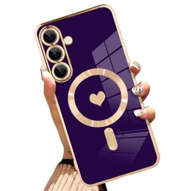 Imagem de AIGOMARA Capa magnética feita para S25 [compatível com carregamento sem fio] Design de coração TPU macio galvanizado capa fina antiarranhões à prova de choque para mulheres - roxo