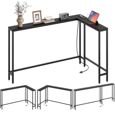 Imagem de YATINEY Mesa de console estreita com tomadas, mesa de sofá de 180 cm estreita longa, mesa de entrada para sofá em forma de L com estação de carregamento, para sala de estar, corredor, 3 opções de