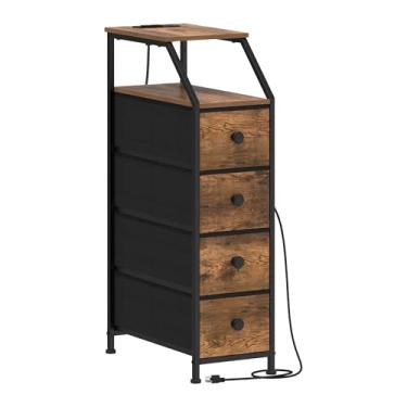 Imagem de Tohomeor Cômoda estreita, torre de armazenamento fina, vertical, cômoda, com estação de carregamento, mesa lateral pequena para quarto, banheiro, espaços pequenos (marrom rústico, 4 gavetas)