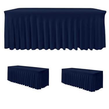 Imagem de HolidayIdeas Toalha de mesa de elastano de 1,8 m, pacote com 2 saias de mesa elásticas, 76 x 182 cm, design azul marinho, capa de mesa de poliéster sem rugas para cabine de fornecedor, festas,