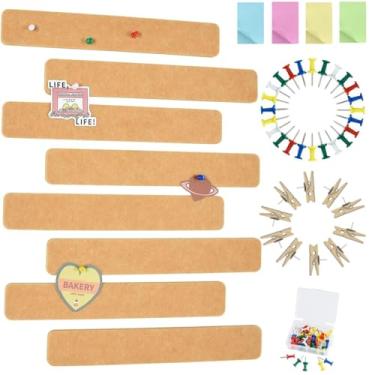 Imagem de Vuzvuv 8 tiras de barra de quadro de avisos com 50 pinos e 10 pinos de clipe de madeira, placa de cortiça autoadesiva para parede, placa de feltro para escola, decoração de escritório (marrom camelo)