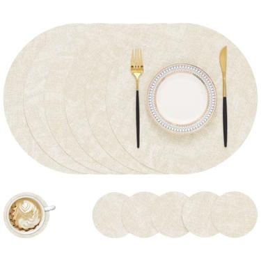 Imagem de Homing Jogo americano redondo de couro sintético e porta-copos conjunto com 6 – tapetes laváveis e resistentes ao calor, tapetes de mesa dupla face limpáveis para ambientes internos e externos,