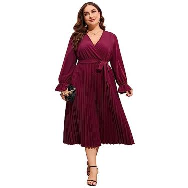 Imagem de KOJOOIN Vestido feminino plus size, gola V, bainha plissada, babados, mangas compridas, elegante, casual, midi com cinto, Vermelho, 4G