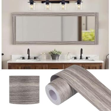 Imagem de Alened 10 m cinza grão de madeira moldura espelho moldura descascar e colar papel de parede, removível PVC impermeável banheiro espelho fita adesiva, papel de parede de cozinha autocolante decoração