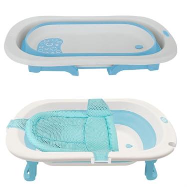 Imagem de Banheira De Bebe Dobrável Retrátil Baby Azul 31L C/ Almofada