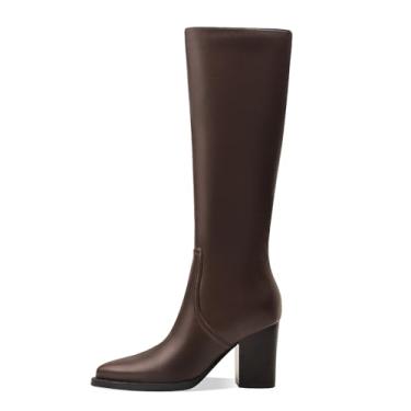 Imagem de MOTIMODEN Botas de cano alto femininas retrô salto grosso bico fino pull on clássico botas de cano alto para mulheres meninas senhoras retro bota alta inverno outono moda bota, Marrom, 37 BR
