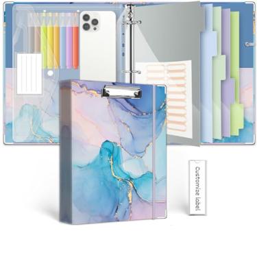 Imagem de Organizador de fichário de 3 anéis, 2,5 cm, fichários KLLVE com três anéis com prancheta, divisórias de bolsos de 5 abas, pasta de plástico, 18 divisórias stikers, laço para caneta (mármore azul