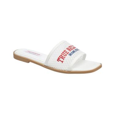Imagem de True Religion Sandálias femininas de malha jeans – alça com logotipo, conforto casual sem cadarço, Branco, 36