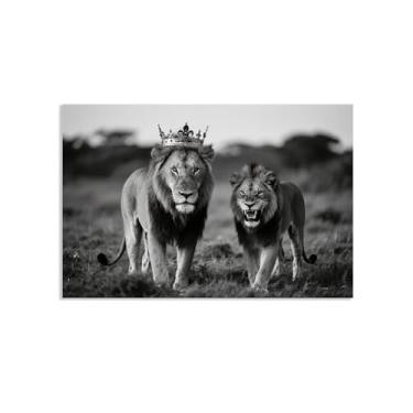 Imagem de Arte de parede de leão preto e branco rei e rainha leoa decoração de parede imagem coroa animal selvagem casal impressões pronto para pendurar pôster 30x20cm (12x8in)