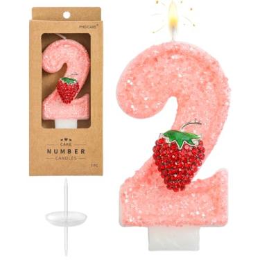 Imagem de PHD CAKE Número 2 velas de aniversário de morango, velas com números temáticos de morango, velas com número de bolo, celebração de festa