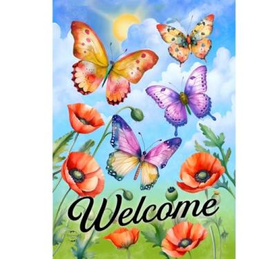 Imagem de Briarwood Lane Bandeira de jardim de boas-vindas de borboletas e papoulas