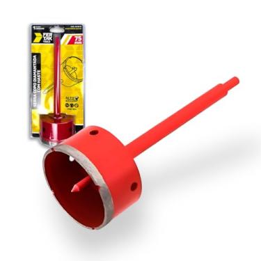 Imagem de Serra Copo 75 mm Diamantada - C/Haste e Pino Guia Fertak Para Granito Porcelanato Mármore para Pedreiros Cor Vermelha Original Cód - 299075