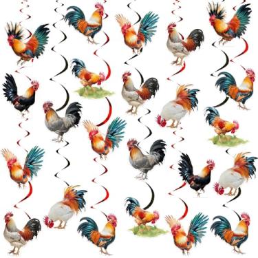 Imagem de JOYMEMO 24 peças de redemoinhos pendurados em galo – decorações de festa de aniversário de galo para meninos e meninas, serpentinas de teto pré-amarradas para pendurar frango, animais de fazenda, tema