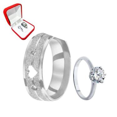 Imagem de Aliança Namoro 6mm Prata Brilhos Coração Friso Pedra Zirconia + Solita