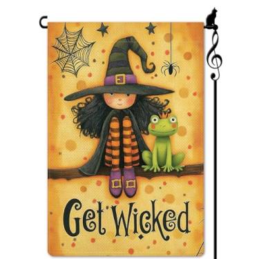Imagem de Lorugekyu Get Wicked Garden bandeira Halloween bruxa e sapo príncipe pequena bandeira para exterior serapilheira dupla face decoração de jardim de boas-vindas 31,8 x 45,7 cm