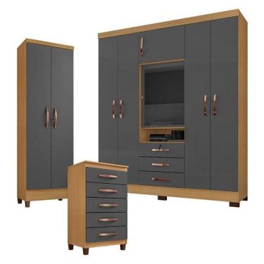 Imagem de Guarda Roupa Casal Imperial Com Cômoda Gaveteiro Cannes E Armário Multiuso Egito Carvalho Americano Grafite – Incorplac