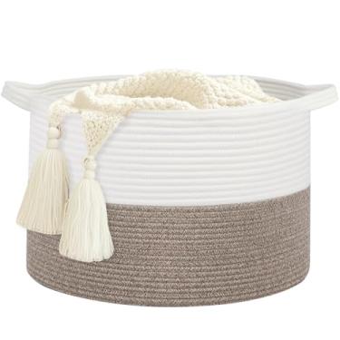 Imagem de HOBASKET Cesta grande de roupa suja 55 cm x 35 cm de corda de algodão para sala de estar, menina, cesto de roupa suja, armazenamento de brinquedos, cesta de bebê, cesto de armazenamento (branco +