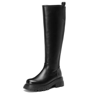 Imagem de CouieCuies Botas de cano alto femininas plataforma salto grosso botas de bico redondo bota feminina outono inverno sola lateral zíper moderno bota social, Preto, 37
