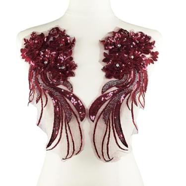Imagem de YOOGCORETT 1 par de apliques de renda de lantejoulas bordados 3D flor strass acabamento remendo para costura faça você mesmo, artesanato, roupas, vestido de noiva, vinho, 12,5 x 5,5 polegadas