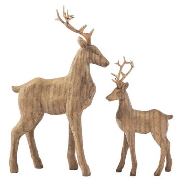 Imagem de DN DECONATION 2 peças de decoração de rena de Natal – Estatuetas de Natal estátuas de cervo em pé, rena de Natal de resina rústica com textura de madeira para decoração de manto de mesa (marrom)
