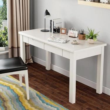 Imagem de Escrivaninha, mesa de computador de madeira maciça com 2 gavetas, mesa de escritório moderna, mesa de estudo, mesa de trabalho, branca, 129 cm