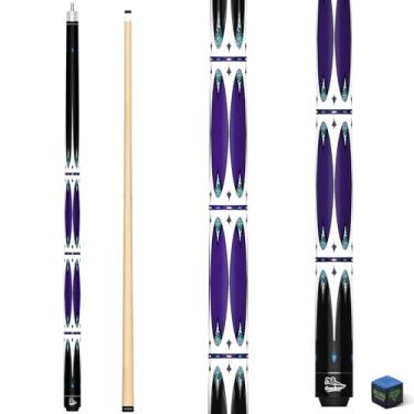 Imagem de CUEBAR Taco de sinuca 138 polegadas 2 peças taco de bilhar com incrustações geométricas de espada, cabo desembrulhado, haste de bordo, ponta de 13 mm com giz (roxo 540 g)