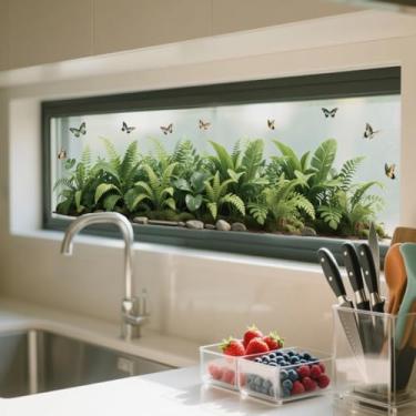 Imagem de ANATTASOUL Adesivos de janela estática com plantas realistas com borboletas 1 folha de decalques de janela reutilizáveis para vidro, 120 cm x 30 cm adesivo de janela dupla face removível para quarto