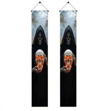 Imagem de BlissYard Faixa de porta de Halloween Grim Reaper 30,5 x 188 cm para varanda pendurado faixa vertical porta da frente interior exterior decorações assustadoras morte crânio alma fogo festa gótica