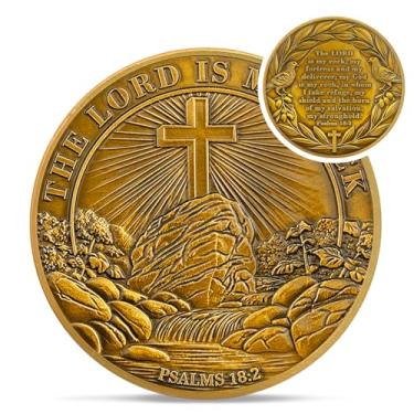 Imagem de Moeda de Desafio Cristão Cruz de Pedra Bronze - Salmo 23:4 Símbolo de Jesus Religioso - Inspirador Bolso de Deus Versos da Bíblia Chip para Estudo - Presentes Comemorativos de Boa Sorte para Homens
