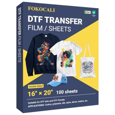 Imagem de FOKOCALI Filme de transferência DTF 40,6 x 50,8 cm, 100 folhas, dupla face, fosco, transparente, papel de transferência de calor PET para impressão DTF em camisetas têxteis