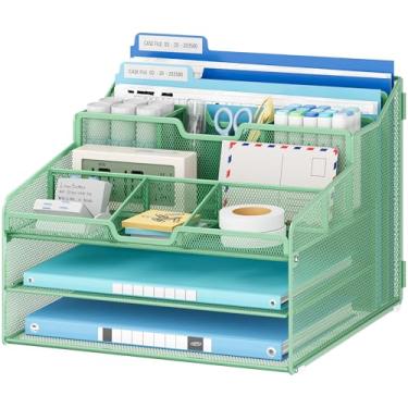 Imagem de Lavatino Organizador de arquivos de papel de mesa – malha de metal com 2 bandejas de letras, 7 divisórias flexíveis, 2 suportes de pasta de arquivo verticais para escritório/casa/material de sala de