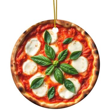 Imagem de Margherita Pizza Enfeite de Natal, Margarita Pizza Italiana com Molho de Tomate, Mozzarella Manjericão Foodie Engraçado Peculiar Cerâmica Feriado Presente de Natal e Decoração de Árvore (Design